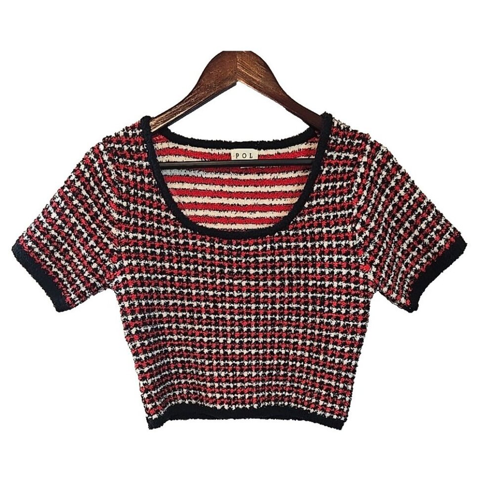 POL Crop top stretch knit short sleeve black red white‎ size L